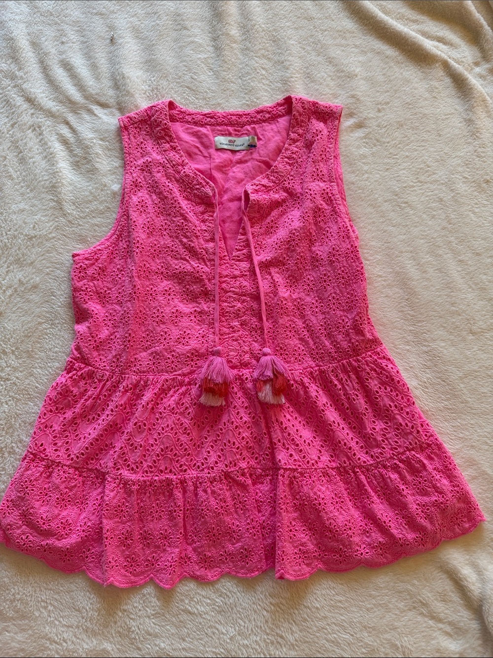 Vineyard Vines Hot Pink Eyelet Peplum Top with Tassel Tie
